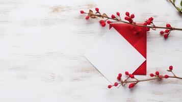 Top View of Greeting Card Mockup and Floral Bud Branches on White Wooden Table, . photo