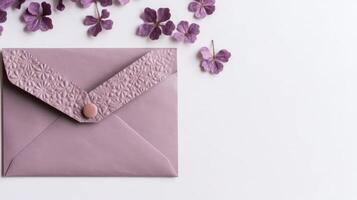 Overhead View of Purple Embossed Greeting Card with Puprle Lilac Flower Decoration on White Background and Space for Message. Generative AI. photo