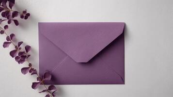 Overhead View of Purple Embossed Greeting Card with Puprle Lilac Flower Decoration on White Background and Space for Message. Generative AI. photo