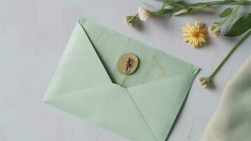 Overhead View of Pastel Green Old Letter Envelope with Daisy Flowers and Burlap Textile on White Texture Background. Wedding or Event Card Design. Generative AI. photo