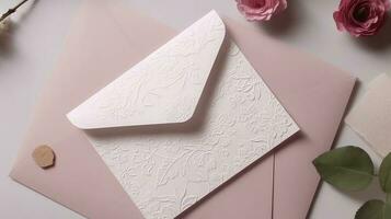 Overhead View of Embossed Greeting Card Envelopes with Pink Rose Flowers for Love or Wedding Concept. Generative AI. photo