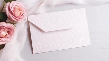 Overhead View of White Embossed Greeting Card Envelope with Pink Rose Flowers and Space for Message. Love or Wedding Concept. . photo