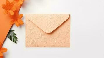 Customized Orange Floral Embossed Luxury Wedding or Event Card Envelopes and Space For Message. Generative AI. photo