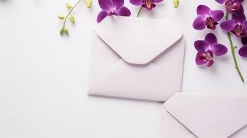 Overhead View of Wedding or Event Card Envelopes with Orchid Flower Branch on White Background and Space for Message. Generative AI. photo