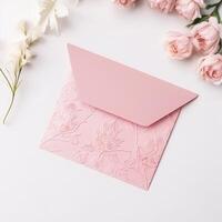 Overhead View of Pastel Pink Embossed Luxury Wedding or Event Card, Envelope with Peony Flower Bouquet. . photo