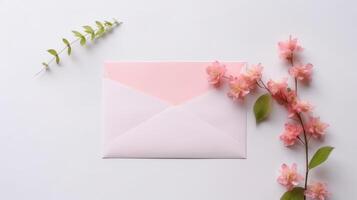Overhead View of Pastel Pink Wedding or Event Card Envelope with Cherry Flower Branch. . photo