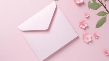 Overhead View of Elegance Wedding or Event Card Envelope with Poppy Flower, Green Leaves on Pink Background. . photo