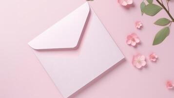 Overhead View of Elegance Wedding or Event Card Envelope with Poppy Flower, Green Leaves on Pink Background. Generative AI. photo