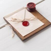 Closeup View of White Old Letter Envelope with Red Wax Seal and Stamp on Wooden Table. . photo
