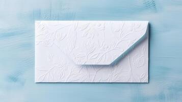 Isolated White Floral Luxury Wedding or Event Card, Envelope on Pastel Blue Texture Background. . photo