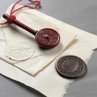 Closeup View of Old Letter with Wax Seal and Stamp on Grey Texture Background. Generative AI. photo