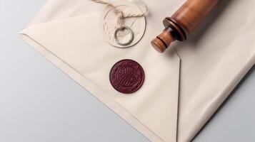 Overhead view of Old Beige Letter Envelope with Wax Seal, Stamp Flat Lay. Generative. photo