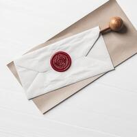 Overhead view of Old White Letter Paper and Envelope with Red Wax Seal, Stamp Flat Lay. Generative. photo