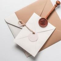 Closeup View of Old Letter Envelope with Wax Seal and Stamp Flat Lay. Generative AI. photo
