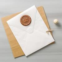 Overhead view of Old White and Brown Letter Paper and Envelope with Wax Seal, Stamp Flat Lay. Generative. photo