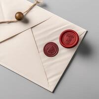 Overhead view of Red Wax Sealed Old Beige Letter Envelope on Grey Background. Generative. photo