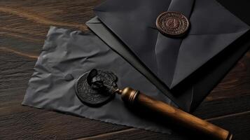 Closeup View of Black Old Letter Envelopes with Wax Seal and Stamp on Wooden Table Top. Gnerative AI. photo