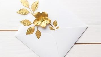 Overhead View of Golden Flower and Leaves Embossed Wedding or Event Card Envelope and Space for Message. . photo