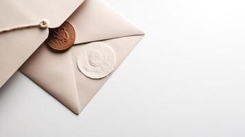 Top View of Wax Sealed Beige Old Letter Envelope with Burlap Thread Flat Lay. Copy Space for Message. . photo