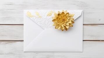 Overhead View of Golden Flower Embossed Wedding or Event Card Envelope on Wooden Background and Space for Message. . photo
