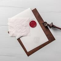 Overhead view of Old White and Brown Letter Paper and Envelope with Wax Seal, Stamp Flat Lay. Generative. photo