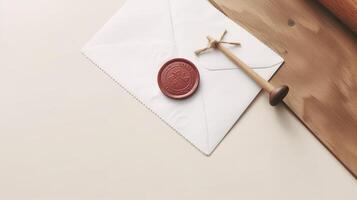 Overhead View of Red Wax Sealed White Old Letter Envelope with Stamp on Brown Wooden Desk. Generative AI. photo