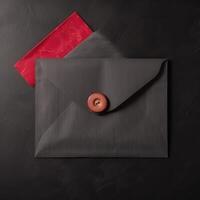 Top View of Brown Button Seal Envelopes Flat Lay on Black Wooden Background. . photo