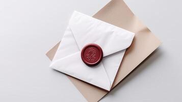 Overhead View of Red Sealed White and Brown Letter Envelope with Paper Flat Lay. . photo