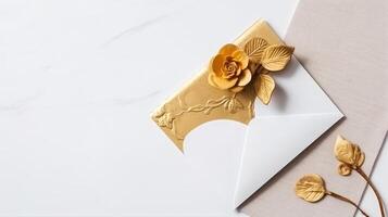 Overhead View of Golden Flower and Leaves Embossed Wedding or Event Card Envelope and Space for Message. Generative AI. photo