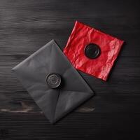 Overhead view of Wax Sealed Old Black and Red Letter Envelopes on Wooden Texture Background. . photo