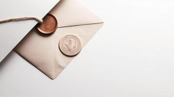 Top View of Wax Sealed Beige Old Letter Envelope with Burlap Thread Flat Lay. Copy Space for Message. . photo