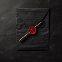 Flat Lay Black Old Letter Envelopes with Red Wax Seal and Stamp on Table Top. Generative AI. photo