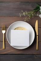 Top view of Dining Table with Blank White Invitation Card, Gypsophilaon Flower on Brown Wooden Background. Party or Wedding Vertical Template Design. Generative AI. photo