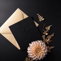 Top View of Luxury Party or Wedding Invitation Card Decorated with Beige Mums Flower and Golden Leaves on Black Background. Generative AI. photo