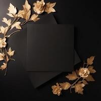 Autumnal Composition Border of Golden leaves Decorated Black Background and Space at Center. Luxury Party or Wedding Invitation Card Design. . photo