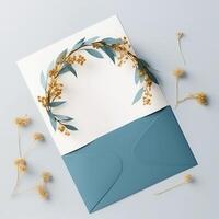 Top View of Blank White Greeting Card Decorated with Dry Grass Flower and Copy Space at Center. Event or Wedding Invitation Card Mockup. . photo