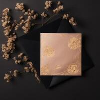 Top View of Luxury Party or Wedding Invitation Card with Dry Grass Flower on Black Background . Generative AI. photo