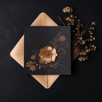 lujo fiesta o Boda invitación tarjeta decorado con dorado flor y hojas en negro antecedentes. generativo ai. foto