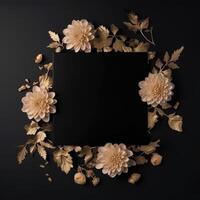 Autumnal Composition Border of Golden Musm Flower and leaves Decorated Black Background. Luxury Party or Wedding Invitation Card Design. . photo