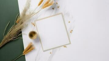 Top View of Blank White Paper or Frame with Wheats, Dried Grass Flower and Golden Pot on Green and White Marble Backgorund. Vintage Delicate Mock up Banner for Design or Product Placement Created Generative AI. photo