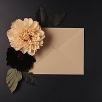 Top View Autumnal Decoration of Luxury Party or Wedding Invitation Card Envelope with Golden Flower on Black Background and Copy Space. . photo