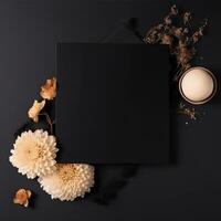 Top View, Autumnal Decoration of Golden Mums Flower and leaves Decorated Black Background. Luxury Party or Wedding Invitation Card Design. Generative AI. photo