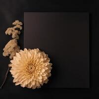 Luxury Party or Wedding Invitation Card with Golden Flowers on Black Background and Copy Space. . photo