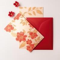 Top View of Red And Golden Luxury Invitation Card Decorated with Gerbera Flower and Leaves for Party or Wedding Design. . photo
