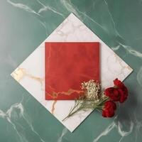 Top View of Red and White Blank Invitation Card with Flower Bouquet on Green Marble Background. . photo