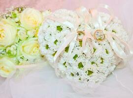 Wedding ornaments, ring on pillow in shape of heart photo