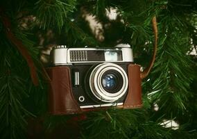 Vintage camera hanging on artificial christmas tree photo