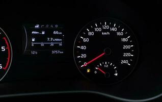 Fuel consumption theme. Empty tank indicator on car dashboard photo