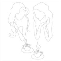 Two girls talking with cup of tea coffee, lineart vector illustration