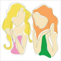Two girls talking, lineart vector illustration